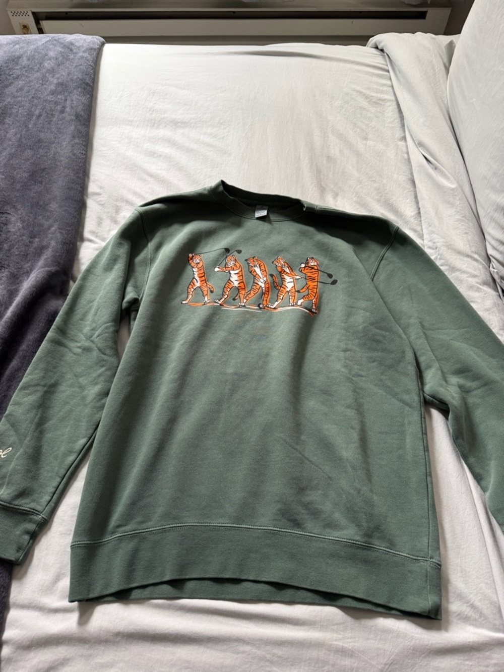 Green Crewneck Sweater with Orange Tiger Graphic